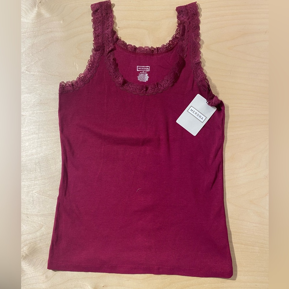 Merona Women's Lace-Trim Tank Top - Burgundy Medium (QQ) - Picture 2 of 7